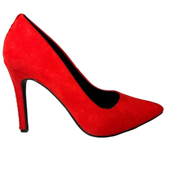 Anne Michelle Women's Size 7.5 Heels Red Suede Gold‎ Studded Pumps NWOB (Defect) - Picture 1 of 12